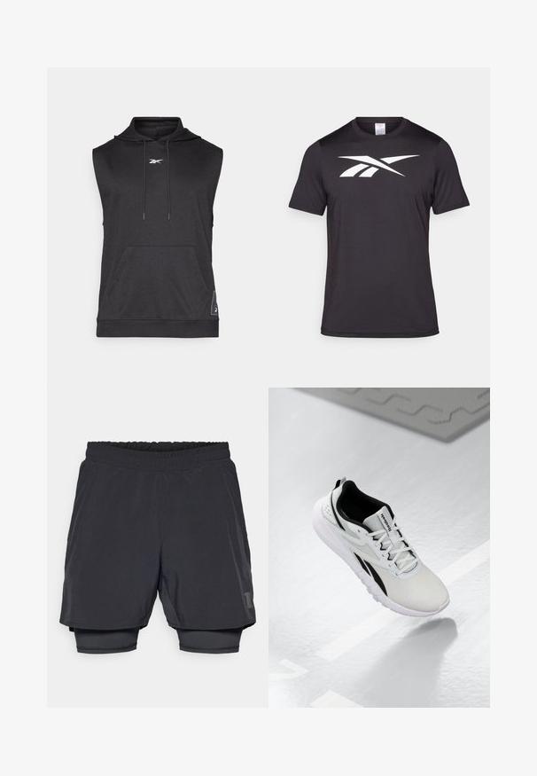 Felpa nera senza maniche realizzata in tessuto morbido, con tasca frontale, cappuccio con coulisse e dettaglio logo bianco sul petto.; T-shirt sportivo nero realizzato in tessuto leggero, con una grafica logo bianca prominente sulla parte anteriore. Design a maniche corte e colletto rotondo.; Shorts sportivi neri con cintura elastica, design a strati e foderatura interna aderente. Presentano un logo discreto sul lato inferiore.; Scarpa sportiva grigia chiara con dettagli neri, tomaia in rete testurizzata, suola imbottita e chiusura con lacci. Presenta un linguetta sul tallone.