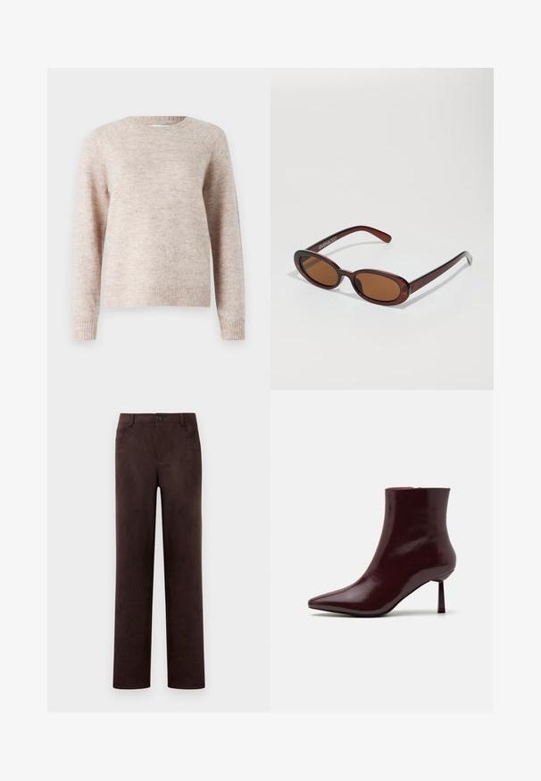 Helles rosa Sweatshirt aus weichem Strickmaterial, mit einem runden Ausschnitt, langen Ärmeln sowie gerippten Bündchen und Saum. Schlichte, strukturierte Oberfläche.; Gerade geschnittene, dunkelbraune Wildlederhosen mit vorderer Knopf- und Reißverschluss, Gürtelschlaufen und seitlichen Taschen.; Burgunderfarbene Lackleder-Stiefelette mit spitzem Zehenbereich und schlankem Stilettosc heel, die eine glatte, glänzende Textur und ein minimalistisches Design aufweist.; Runde, braun getönte Sonnenbrillen mit einem glänzenden burgunderfarbenen Rahmen. Schlanke Bügel mit dezentem Branding. Flaches Linsendesign.; Geflochtene burgunderfarbene Handtasche mit runder Form und einem einzelnen Griff, die über eine strukturierte Oberfläche und einen elastischen Kordelzugverschluss verfügt.