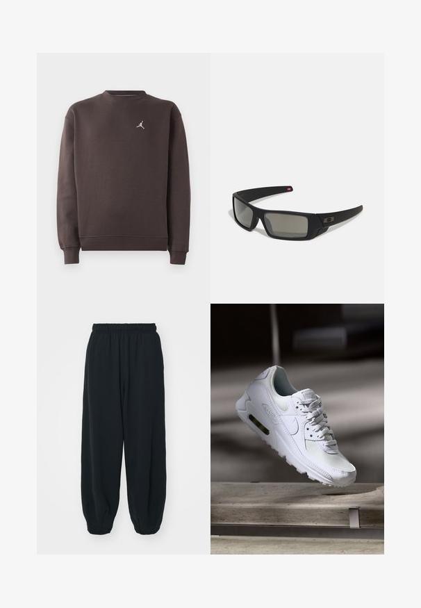 Felpa a maniche lunghe marrone scuro con collo rotondo, con piccolo logo Jumpman bianco sul lato sinistro del petto, polsini e orlo a coste.; Pantaloni da jogging neri con vita elasticizzata, dalla vestibilità morbida, caviglie a costina, texture liscia e senza motivi visibili o dettagli in metallo.; Sneaker Nike Air Max 90 bianco con tomaia in mesh e pelle, punta forata e un'unità air visibile nel tallone.; Occhiali da sole neri con finitura opaca, lenti rettangolari, leggero curvatura sulle tempie, dettaglio logo discreto e lenti color fumo.