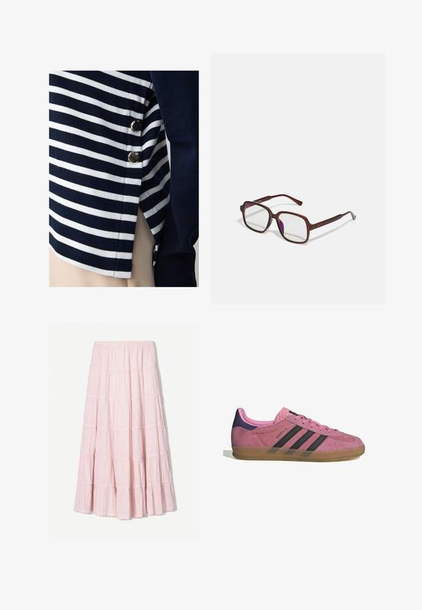 Paski top w kolorze granatowym i białym, wykonany z miękkiego materiału, z metalicznymi akcentami po bokach oraz zapięciem dodającym stylu.; Jasnoróżowa, warstwowa spódnica maxi wykonana z teksturowanej, lekkiej tkaniny. Elastyczny pas i zwiewny dół z falbaniastymi akcentami.; Różowe zamszowe sneakersy z czarnymi paskami, gumową podeszwą i teksturowanym fioletowym piętą. Posiadają sznurowany design oraz wytłoczone logo na boku.; Brązowe, prostokątne okulary z przezroczystymi soczewkami i fioletowymi odcieniami. Gładka plastikowa oprawka z prostymi zausznikami i subtelnymi detalami.; Różowa satynowa torebka na ramię o zgromadzonej fakturze, zakrzywionym kształcie i węzełkowym detalu pasków. Gładkie wykończenie z przeszyciami.