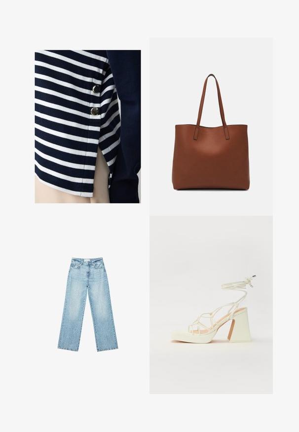 Paski top w kolorze granatowym i białym, wykonany z miękkiego materiału, z metalicznymi akcentami po bokach oraz zapięciem dodającym stylu.; Jasnoniebieskie jeansy z szerokimi nogawkami i wysokim stanem, z lekko wybledzonym wykończeniem i drobnymi, rozproszonymi przetarciami.; Biała sandał na wysokim obcasie z masywnym słupkiem, z paskowym wzorem i wiązaniem przy kostce. Gładka faktura z platformą z przodu dla dodatkowej wysokości.; Brązowa skórzana torba tote o gładkiej fakturze, z otwartym wierzchem i dwoma ramiączkami. Charakteryzuje się minimalnym przeszyciem i brakiem widocznych elementów metalowych.