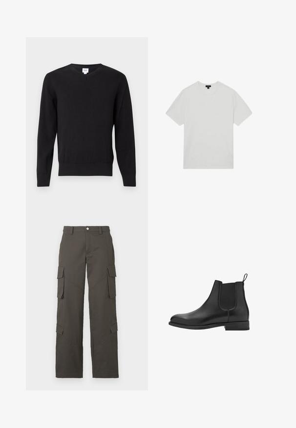 Schwarzer V-Ausschnitt-Pullover mit langen Ärmeln, aus glattem Stoff gefertigt. Mit gerippten Bündchen und Saum, sowie einem Markenlabel im Kragen. Normale Passform.; Weißes Baumwoll-T-Shirt mit Rundhalsausschnitt, kurzen Ärmeln und lockerer Passform. Glatte Textur, keine Muster oder Verzierungen.; Dunkelgraue gerade Cargo-Hosen mit Knopfverschluss und vier Klappentaschen, zwei an den Oberschenkeln und zwei nahe den Waden.; Schwarze Leder Chelsea-Stiefel mit elastischen Seitenpaneelen, runder Spitze und niedrigem Blockabsatz. Glatte Textur und sauberes, minimalistisches Design.
