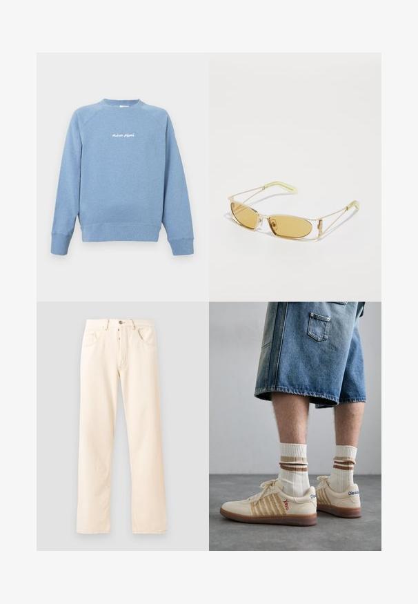 Sweatshirt bleu clair en tissu doux, avec un col rond et des manches raglan. Contient du texte brodé blanc sur la poitrine.; Jean en denim beige clair avec un design à jambe droite, cinq poches et une fermeture à bouton à l'avant. Couture visible le long des coutures.; Baskets rétro beiges avec une semelle en caoutchouc brun, ornées d'accents rayés et de logos brodés. Portées avec des chaussettes blanches, détails rayés bruns.; Lunettes de soleil teintées de jaune avec une monture dorée translucide, de forme rectangulaire fine et des branches angulaires avec des accents vert clair.