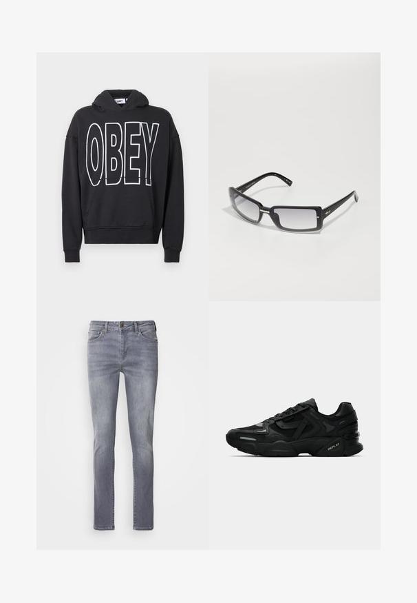 Svart hoodie i bomull med en stor vit "OBEY"-logotyp på framsidan, kenguruficka samt ribbade muddar och fåll.; Replay Inc. Långärmad tröja - stoned grey; Ljust grå denimjeans med rak passform, fem fickor, knäppning med mässingsknapp och subtil blekning på benen.; Svarta sportskor med texturerad ovandel, reflekterande detaljer och vadderade sulor. Har snören och varumärkets logotyp på sidan.; Svarta rektangulära solglasögon med graduerade linser, med en tjock ram och metallaccentdetaljer på bågarna. Slät yta genom hela.