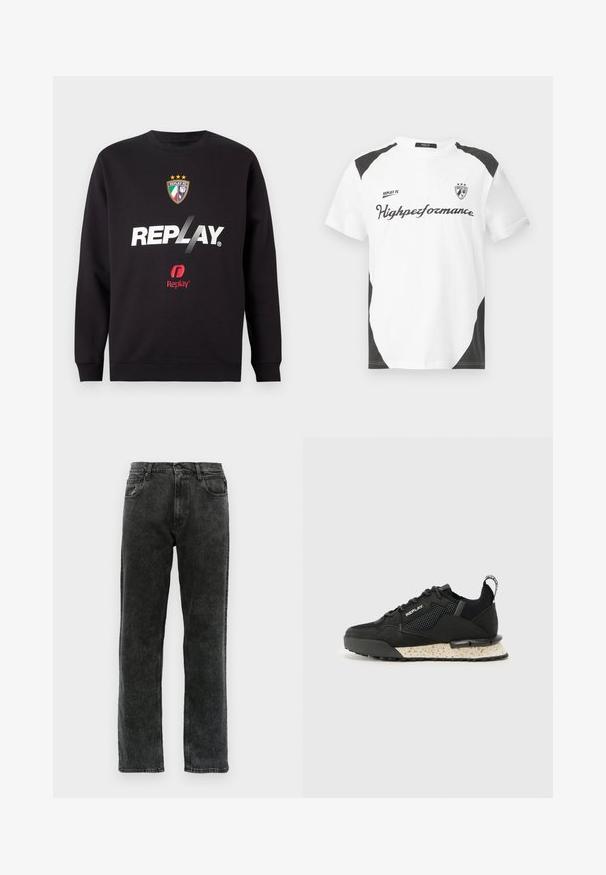 Zwarte sweatshirt met het "REPLAY" logo en het Replay FC-embleem met drie sterren en de kleuren van de Italiaanse vlag in het midden vooraan.; Witte T-shirt met korte mouwen en zwarte accenten. Bevat het logo "REPLAY FC" en de tekst "Highperformance" in een sportieve lettertype. Gemaakt van een glad materiaal.; Zwarte denim jeans met een rechte pijp, voorzien van vijf zakken, een knoopsluiting en subtiele vervaging langs de stof.; Replay FIELD MELT 25 - Sneakers laag - black