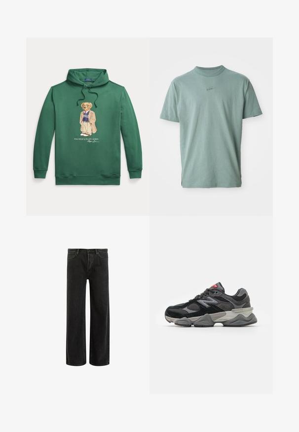 Grønn hettegenser med en sentral grafikk av en kledd bjørn. Laget av en bomullsblanding, med ribbede mansjetter og hem.; Grønn bomull t-skjorte med korte ermer, ribbet crew-hals, og brodert Nike-logo på brystet. Glatt tekstur og avslappet passform.; Svarte denim vide bukser med høyt liv, med klassisk fem-lomme design og subtil bleking for en teksturert utseende.; Svarte og grå joggesko med en blanding av semsket skinn og mesh-materialer, tykk såle, fremtredende logo, og rød detalj på tungen.