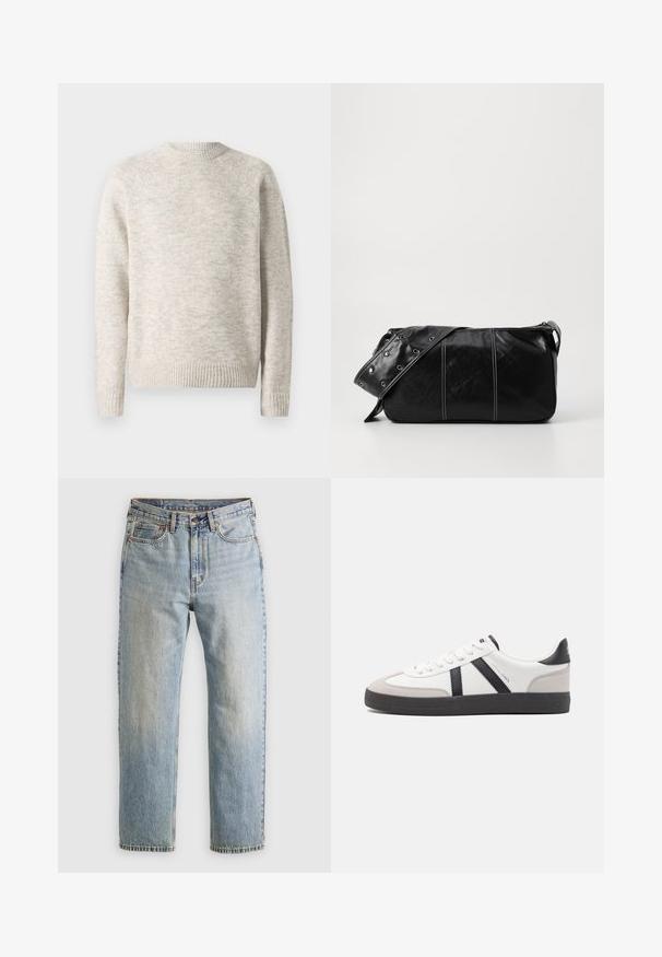 Maglione color beige chiaro realizzato in tessuto lavorato a maglia testurizzato. Presenta una scollatura tonda e polsini e orlo a costine. Design semplice a maglia da indossare.; Jeans in denim azzurro chiaro con vita alta, bottone anteriore, cerniera e design a cinque tasche, adagiati su uno sfondo neutro.; Sneaker bianco con accenti neri e grigi, dotata di una punta grigia testurizzata, suola in gomma nera e lacci bianchi piatti. Design pulito, stile minimalista.; Borsa a spalla in pelle nera con chiusura a zip, caratterizzata da un corpo testurizzato, cuciture bianche e una tracolla con occhielli in argento.
