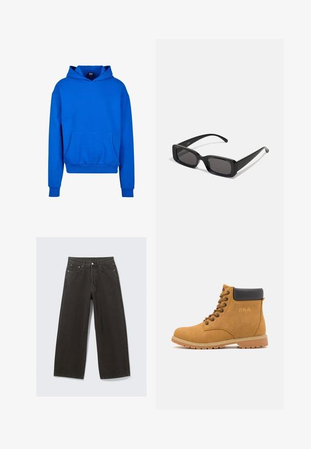 Kék kapucnis pulóver elülső zsebbel, bordás mandzsettákkal és szegéllyel. Puha anyagból készült, laza szabású, és nem láthatók rajta logók.; A széles lábú fekete farmernadrág magas derékkal, öt zsebes dizájnnal és gombos záródással rendelkezik. Az anyag puha, textúrált felületű.; Barna velúr bokáig érő csizmák fekete párnázott gallérral, fém fűzőlyukakkal és texturált gumi talppal. Az oldalukon domborított logó található.; Fekete, téglalap alakú napszemüveg sötét lencsékkel, fényes felülettel, széles szárakkal és masszív keret designnal. Az egyik szárra gravírozott márkanevével.; Fekete szövet táska texturált, steppelt mintával. Kerek formájú, rövid, vastag fogantyúkkal és puha, rugalmas szerkezettel.
