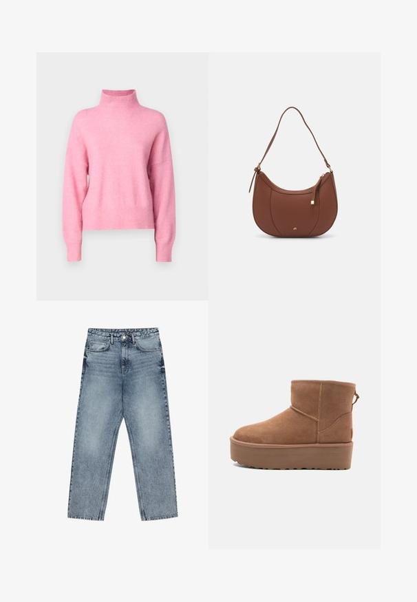 Rózsaszín garbó pulóver puha, texturált anyagból, eső vállakkal és bordázott mandzsettákkal, valamint alsó résszel a laza illeszkedés érdekében.; Világoskék farmernadrág egyenes szárú szabással, látható varrással, öt zsebes kialakítással és gombos derékkal.; Barna suede bokacsizma platform talppal, lekerekített orral és varrás részletekkel; a hátsó részen húzófül található a könnyű felhúzás érdekében.; Barna műbőr válltáska ívelt formával, minimális varrással és arany színű kiegészítőkkel. Jellemzője a felső cipzáras záródás és állítható pánt.
