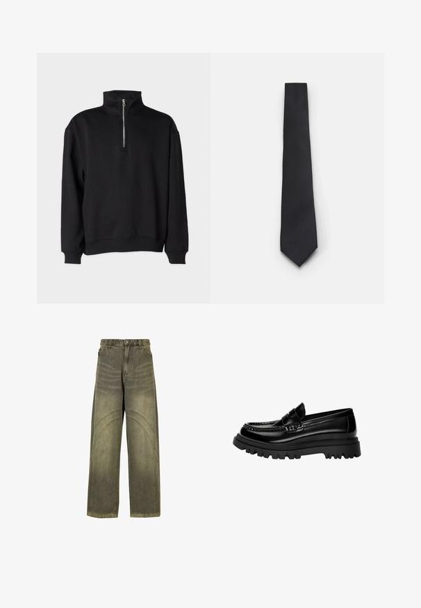 Felpa nera con colletto alto, dotata di chiusura a mezza zip, maniche lunghe e polsini e orlo a coste. Tessuto morbido.; Jeans a gamba larga in denim verde oliva, con dettagli di cuciture curve, chiusura con bottone classico e finitura scolorita.; Mocassini in pelle nera lucida con una fascia testurizzata, dotati di una robusta suola in gomma nera con scanalature profonde e un design classico.; Cravatta nera stretta con un motivo a coste diagonali testurizzate. Presenta una punta appuntita e una finitura liscia. Adatta per abbigliamento formale.