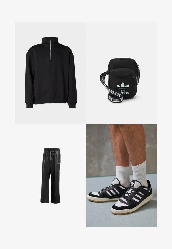 Černý svetr s vysokým límcem, s polozipem, dlouhými rukávy a žebrovanými manžetami a lemem. Měkká textura látky.; Černé syntetické sportovní kalhoty s elastickým pasem, se bílými postranními pruhy a malým bílým logem na levém boku.; Černobílé tenisky s vrchní částí z semišové a kožené kůže, včetně tří bílých pruhů, perforovaného špičky a podrážky z gumy.; Černá crossbody taška z látky se zipovým uzávěrem, obsahující bílé logo Adidas a pruhovaný nastavitelný popruh pro snadné nošení.