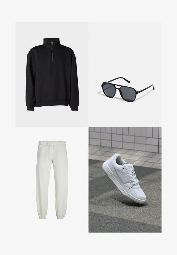 Felpa nera con colletto alto, dotata di chiusura a mezza zip, maniche lunghe e polsini e orlo a coste. Tessuto morbido.; Pantaloni tuta bianchi realizzati in tessuto morbido, dotati di vita e polsini elastici, con una texture liscia e una vestibilità ampia.; Sneaker bianca in pelle con lati perforati, accenti testurizzati, lacci piatti e tallone grigio a contrasto. Presenta una suola leggermente elevata.; Occhiali da sole neri con montatura ottagonale, lenti scure, finitura lucida, aste sottili e dettagli dorati sul davanti.