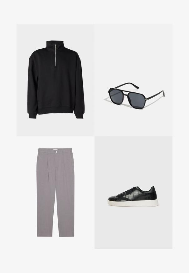 Sort pullover sweatshirt med høj krave, med halv lynlås, lange ærmer og ribbede manchetter og kant. Blød stoftekstur.; Grå skræddersyede bukser med lige snit, der har to forlommer, pincetter og knaplukning. Lavet af letvægtsmateriale.; Sorte sneakers med en struktureret krokodillepræget læderoverdel, rund tå og en kontrasterende hvid gummisål med en glat finish.; Sorte solbriller med oktagonal stel, mørke linser, blank overflade, fine stænger og guldaccenter på forsiden.