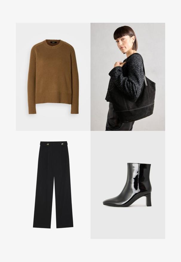 Sweater castanho tricotado com uma textura canelada, gola redonda e mangas longas. Apresenta detalhes canelados contrastantes ao longo dos ombros.; Calças largas pretas com cintura alta, detalhes em botão na cintura e pregas frontais.; Botim de tornozelo em pele sintética preta com bico apontado e salto bloco de altura média. Textura suave e design minimalista.; Bolsa tote preta de camurça com uma textura suave, forma estruturada e costura contrastante. Possui alças longas para ser transportada ao ombro.