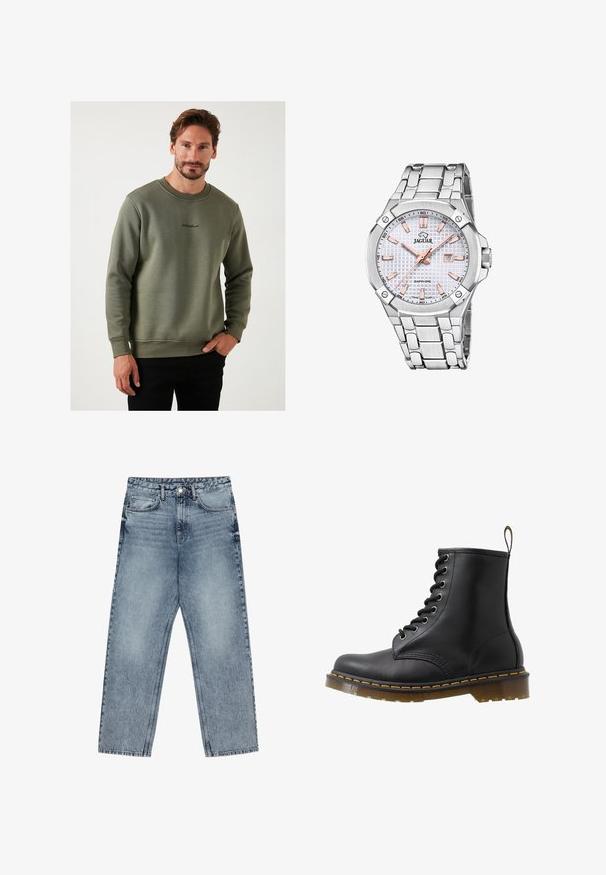 Olijfgroene sweatshirt van zachte stof, met een ronde hals en geborduurd logo op de borst. Slim fit, lange mouwen.; Lichtblauwe denim jeans met een rechte pijp, zichtbare stiksels, vijf zakken en een knoopsluiting in de taille.; Zwarte leren enkellaars met ronde neus, vetersluiting met oogjes, oranje stiksels en een chunky doorzichtige zool. Aan de achterkant bevindt zich een trekband.; Zilveren roestvrijstalen horloge met een gestructureerde witte wijzerplaat, rosegouden accenten, datumaanduiding en een schakelsband. Saffierglazen dekking.
