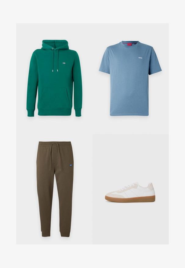 Felpa verde con cappuccio, tasca frontale, coulisse, polsini a costine e logo ricamato sul petto. Realizzata in materiale morbido e confortevole.; Maglietta blu a maniche corte con scollo rotondo, piccolo logo bianco "HUGO" sul lato sinistro del petto e etichetta interna rossa sul colletto.; Pantaloni della tuta verde oliva scuro con vita elasticizzata, coulisse, tasche laterali e polsini a coste. Piccola toppa con logo blu sul lato sinistro.; Sneaker bianco e beige con elementi in suede e pelle. Presenta una suola in gomma, un design con lacci e righe laterali minimaliste.
