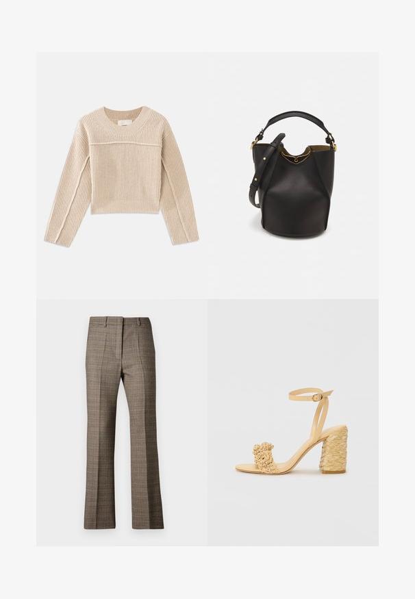 Beige, ribbed knit cropped sweater with long sleeves, a round neckline, and decorative stitching along the sleeve seams.; Brown plaid trousers with a straight leg cut, featuring a textured fabric and subtle colors of beige and darker browns throughout the pattern.; Beige high-heeled sandal with a braided texture, featuring a decorative flower and ankle strap. Square-shaped heel adds stability.; Black leather bucket bag with a textured finish, gold hardware accents, and an open top. Features a short handle and adjustable shoulder strap.