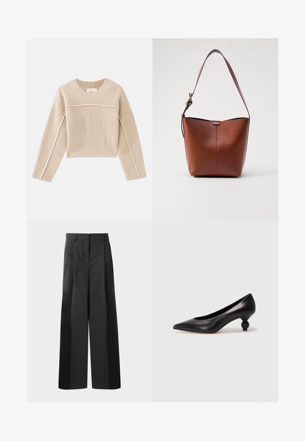 Beige, ribbed knit cropped sweater with long sleeves, a round neckline, and decorative stitching along the sleeve seams.; Black wide-leg trousers with a high waist, featuring front pleats, a smooth texture, and a tailored finish. Designed for a relaxed fit.; Black leather high heel shoe with a pointed toe and a round, balled heel. Smooth texture with a sleek, minimal design.; Brown leather shoulder bag with a curved shape, smooth texture, and a single thin strap. Features a subtle seam and a small logo detail.