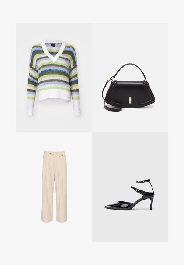 V-Ausschnitt gestreifter Pullover in Blau-, Grün-, Braun- und Weißtönen. Gestrickte Textur mit Fransenakzenten, cropped Fit und geripptem Saum und Bündchen.; Beige weit geschnittene Hosen mit flachem Front, zwei Seitentaschen, Knopfverschluss und gefalteten Details für zusätzliche Textur und Design.; Schwarze Lacklederabsätze mit spitzer Zehenpartie, verstellbaren Knöchelriemen und einem schlanken Absatz. Glatte Textur mit glänzender Oberfläche.; Schwarze Lederhandtasche mit einem strukturierten Design, das eine verkürzte Form, einen oberen Griff und goldfarbene Hardware-Details aufweist. Verstellbarer Schulterriemen ist enthalten.