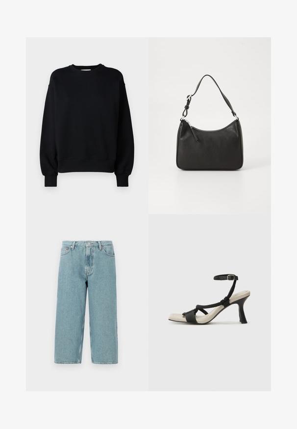 Sweatshirt preto com gola redonda, mangas compridas e punhos canelados. Feito de um tecido macio com uma textura suave. Design simples.; Shorts de denim azul claro com cintura alta, corte reto e bainha desfiada. Apresenta um fecho clássico de botão e zipper, além de quatro bolsos.; Sandal com salto alto preto e design de tiras trançadas, bico quadrado e tira de tornozelo ajustável. Sola em tom bege claro com um salto preto brilhante.; Mala de mão em couro preto com formato curvo, uma alça, fecho em zip e uma marcação discreta na frente. Textura suave, design minimalista.