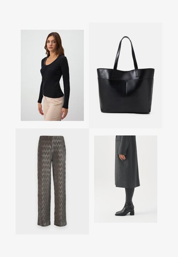 Czarny długi rękaw bluzka o prążkowanej strukturze z dekoltem w serek ozdobionym złotym łańcuchem. Dopasowany krój, w połączeniu z beżowymi spodniami.; Szare, plisowane spodnie szerokie z teksturowanym, diamentowym wzorem. Miękki materiał, elastyczny pas oraz długość do kostek.; Szary, dopasowany płaszcz o prostym kroju; zestawiony z czarnymi skórzanymi kozakami do kolan z kwadratowym noskiem i grubym obcasem.; Czarna skórzana torba na ramię z dwoma długimi uchwytami, gładką teksturą i sztywną formą. Posiada przednią kieszeń dla dodatkowego przechowywania.