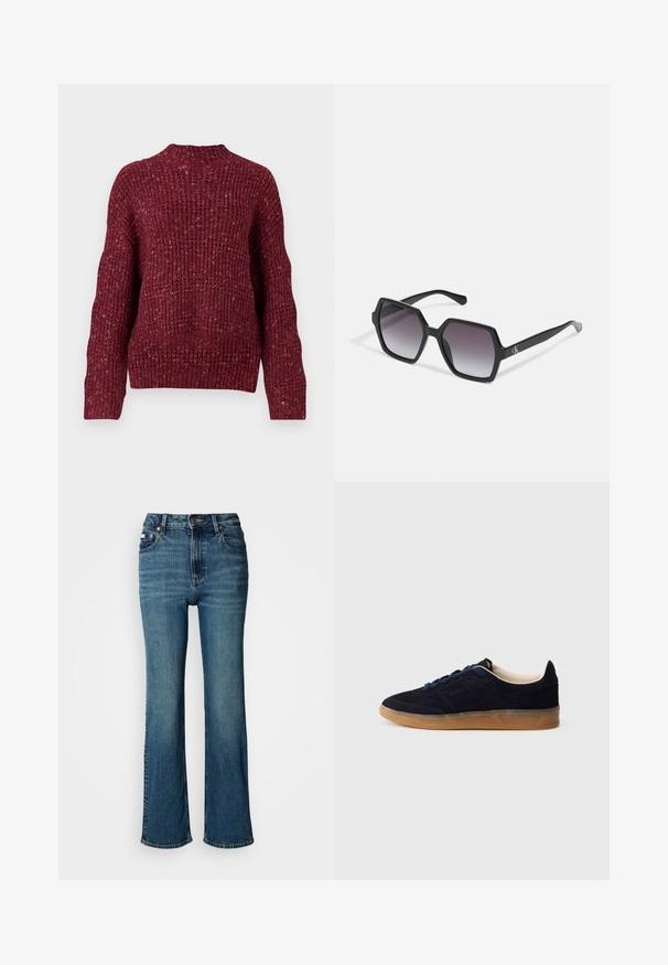 Nertinis megztinis giliai burgundiško atspalvio, su aukštu kaklu, ilgomis rankovėmis ir tekstūruotu, raukšlėtu paviršiumi. Masyvios konstrukcijos, laisvo fasono.; Aukštai juosmeniu mėlyni džinsai iš denimo, turintys tiesaus kirpimo dizainą, švelnų blukimą ir standartinį mygtuko bei užtrauktuko uždarymą.; Tamsiai mėlynas zomšiniai sportbačiai su guminėmis padu, mėlynomis raištelėmis ir minimalistiniu dizainu. Šone įspaustas logotipas ir glotni vidinė pamušalas.; Juodos šešiakampės saulės akinių su gradientiniais lęšiais, turinčių blizgų paviršių ir subtilų prekės ženklą ant šventyklos. Patvari plastikinė konstrukcija.