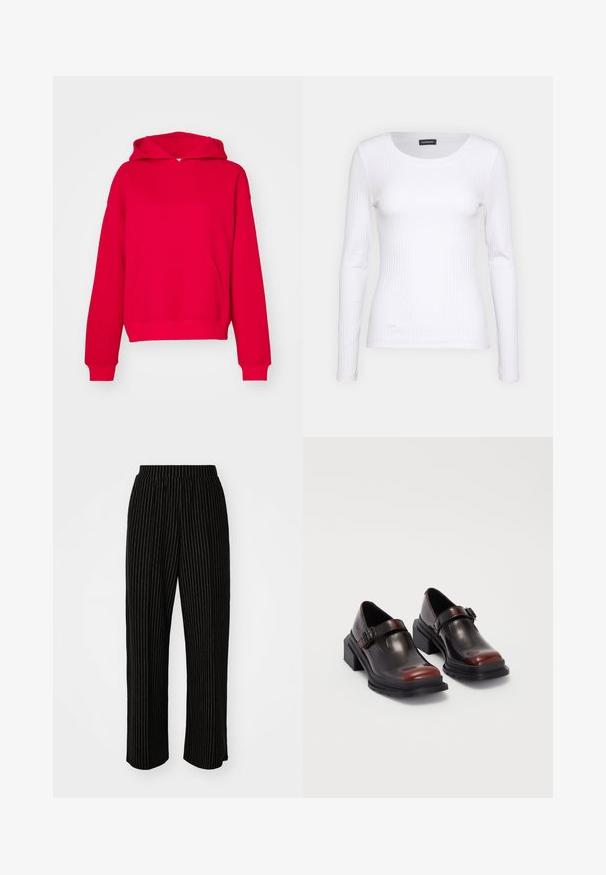 Gina Tricot ICONIC HOODIE - Džemperis su gobtuvu - lollipop; Balta, raukšlėta ilgarankovė palaidinė su apvalia iškirpte. Pagaminta iš elastingos medžiagos, kuri prisitaiko prie kūno. Pasipuošusi subtiliomis horizontaliosiomis linijomis.; Juodi, plačių kojų kelnės su baltomis vertikaliomis juostelėmis, su elastinga juosmens juosta, užtikrinančia komfortą, ir sklandžia, minkšta tekstūra.; Odiniai blokiniai kulniukai su blizgiu tamsiai rudų vyno atspalviu, su sagties dirželiu ir apvalia nosimi. Tekstūruotas padas geresniam sukibimui.