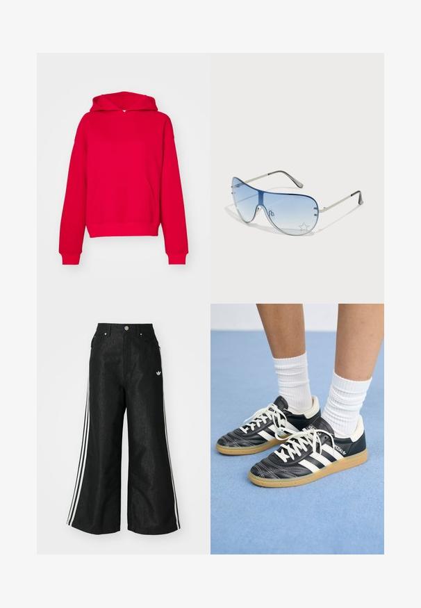 Gina Tricot BASIC ORIGINAL HOODIE - Felpa - lollipop; Pantaloni in denim neri a gamba larga con tre strisce bianche su ciascun lato e un piccolo logo bianco. Presentano tasche frontali e chiusura con bottone.; Sneaker in pelle nera con strisce bianche, punta rotonda, lacci bianchi e suola in gomma. Menzionate del collare imbottito e dettagli del marchio.; Occhiali da sole aviator con lenti blu sfumate, montatura in metallo argentato e decorazioni a forma di stella sulle lenti. Design liscio e sofisticato.