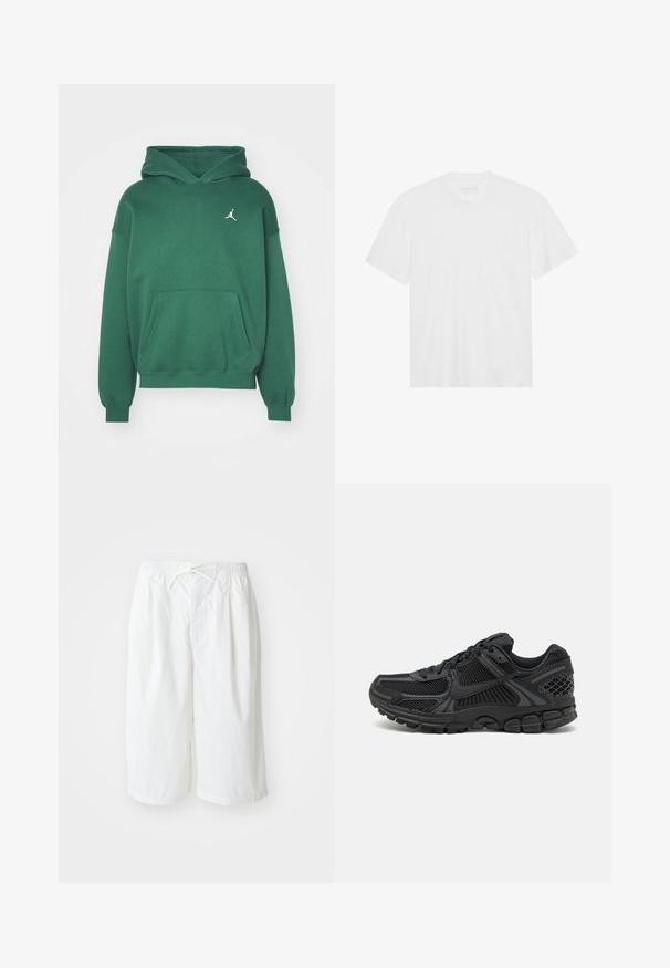 Hanorac verde cu glugă, realizat dintr-un material moale, având un buzunar frontal și un logo alb pe pieptul stâng. Manșete și tiv ribbate.; Tricou alb din bumbac, cu mâneci scurte, guler rotund și tiv drept. Textură netedă, design minimal, fără modele sau accente.; Shorts albe cu talie elastică și șnur de ajustare, prezentate pe un fundal simplu de culoare deschisă. Potrivite pentru îmbrăcăminte casuală sau pentru vreme caldă.; Pantofă sport neagră, cu superior din plasă, talpă din cauciuc și accente texturate. Designul include un sistem de șireturi pronunțat și talpă amortizantă.