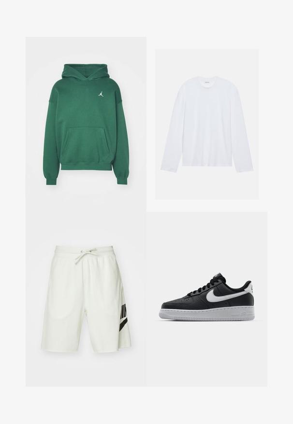Sweatshirt verde com capuz, feito de tecido suave, apresentando um bolso frontal tipo pouch e um logótipo branco no lado esquerdo do peito. Punhos e bainha canelados.; Camiseta de manga longa branca feita de algodão. Apresenta um decote redondo clássico e costuras de ombro caídas, com uma textura lisa e simples.; Calções de algodão cinza claro com uma cintura elástica, cordão ajustável e um logótipo preto da Nike no lado esquerdo.; Sapatilha de pele preta com superfície texturizada, swoosh branco da Nike, sola cinza, bico redondo e design com atacadores. Apresenta perfurações na caixa dos dedos.