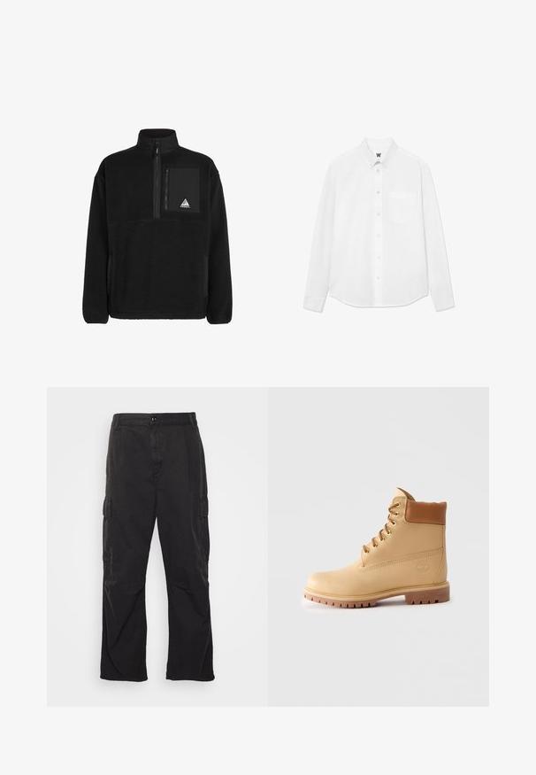 Črn flis pulover z zadrgo na vratu, ki vsebuje žep na prsih iz črne tkanine in trikotno oznako. Mehka teksturirana material.; Bela srajca z dolgimi rokavi in gumbi, s ovratnikom in sprednjim žepom, z rahlo teksturo. Sprednji del srajce ima gumbe in majhen detajl z logotipom.; Črne cargo hlače s ravnim krojem, ki vključujejo dve stranski žepu, gumbasto zapiranje in teksturirano blago.; Svetlo rjavi usnjeni gležnjarji s podloženim ovratnikom, zlatimi očesci, svetlo rjavimi vezalkami in debelim zračnim podplatom na svetli enobarvni podlagi.
