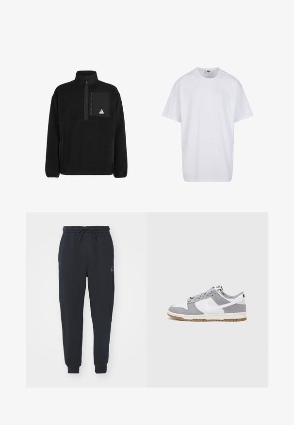Zwarte fleece pullover met een ritskraag, voorzien van een borstzak van zwarte stof en een driehoekige logo patch. Zacht textuur materiaal.; Witte katoenen t-shirt met korte mouwen, ronde hals, relaxte pasvorm en zonder zichtbare logo's of patronen. Gladde textuur en minimalistisch ontwerp.; Zwarte joggingsbroeken van zachte stof, met een elastische tailleband met trekkoord, geribbelde boorden en een klein logo op de linker dij.; Grijze en witte sneaker met een bovenwerk van suede en leer, ronde neus, platte veters en een rubberen zool met een gumaccent.