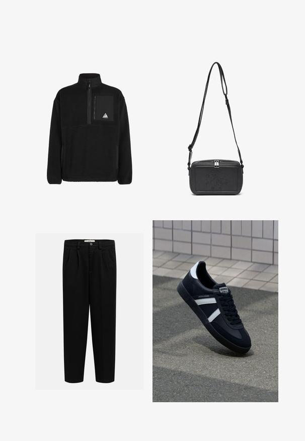 Pull noir en polaire avec un col zippé, comportant une poche poitrine en tissu noir et un patch logo triangulaire. Matière douce et texturée.; Pantalons noirs en tissu doux, avec une coupe droite, des plis sur le devant et une fermeture à bouton à la taille.; Sneaker en cuir noir avec des rayures blanches, semelle en caoutchouc texturée et devant à lacets. Présente une étiquette de marque sur la languette.; Sac bandoulière en cuir noir avec une fermeture éclair, logo embossé à l'avant et une sangle réglable. Texture lisse avec une forme rectangulaire.