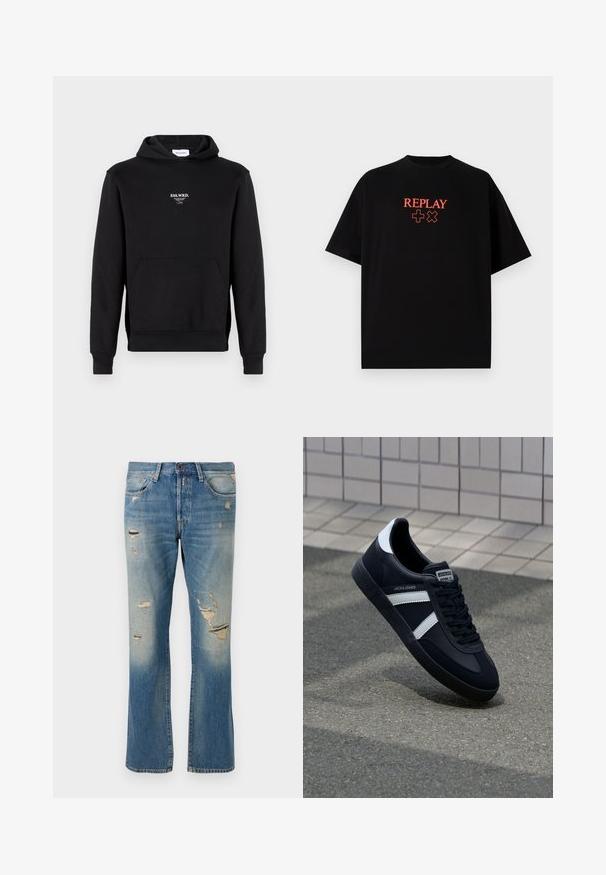 Schwarzer Hoodie aus einem Baumwollmix, mit einer Fronttasche, gerippten Bündchen und einem kleinen weißen gestickten Logo auf der Brust.; Schwarzes Baumwoll-T-Shirt mit kurzen Ärmeln und Rundhalsausschnitt, mit einem roten "REPLAY"-Logo und Symbolen, die zentral auf der Brust ausgerichtet sind.; Hellblaue Denim-Jeans mit einer lockeren Passform, die verwaschene Details und fransige Patches aufweisen, mit dem klassischen Fünf-Taschen-Design und einem Knopfverschluss.; Schwarze Leder-Sneaker mit weißen Streifen, strukturiertem Gummisohle und Schnürung. Verfügt über ein Markenetikett auf der Zunge.