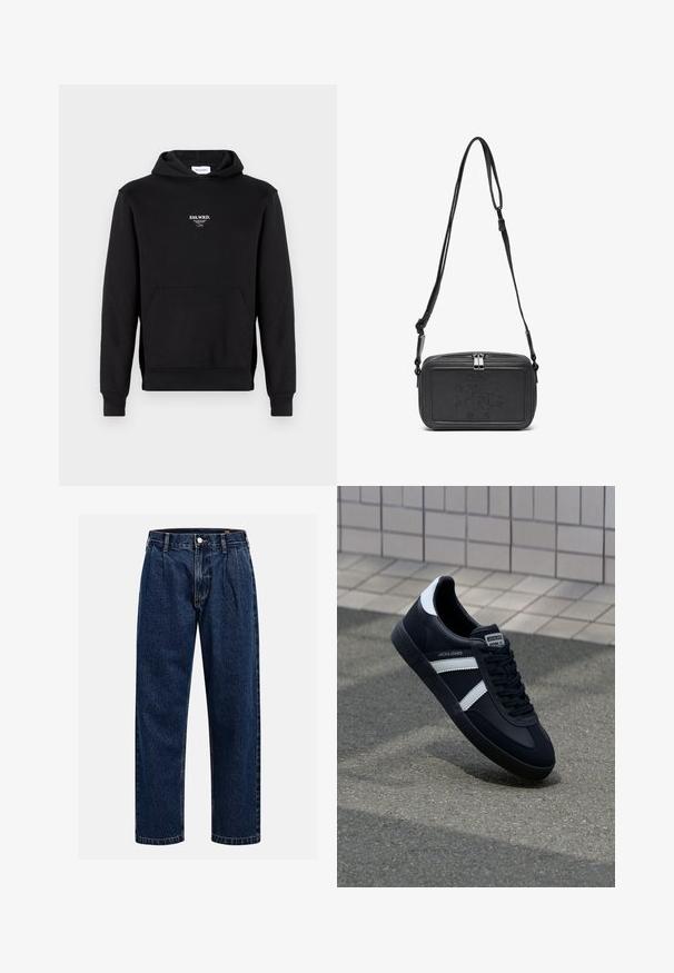 Melnā kapuce, kas izgatavota no kokvilnas maisījuma, ar priekšējo kabatu, ribinātiem piedurknēm un mazu balto izšuvumu uz krūtīm.; Tumši zilie džinsu bikses ar taisna kāju dizainu. Iezīmējas redzamas šuves, pogu aizdare un priekšējie gurni papildu detaļām.; Melnā ādas sporta apavi ar baltām svītrām, teksturēta gumijas zole un auklu aizdare. Iekļauj zīmola etiķeti uz mēles.; Melna ādas soma uz pleca ar zīmolu, slēdzamu rāvējslēdzēju un regulējamu siksnu. Gluda tekstūra un taisnstūru forma.
