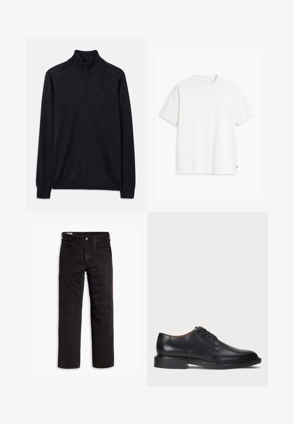 Schwarzer Pullover mit langen Ärmeln, geripptem Stehkragen und halbem Reißverschluss, mit dezentem Logo auf der linken Brust.; Weißes Baumwoll-T-Shirt mit kurzen Ärmeln, rundem Ausschnitt und einem dezenten "Levi's"-Logo in heller Farbe auf der Vorderseite.; Schwarze gerade Jeans aus Denim mit fünf Taschen, Knopfverschluss und Gürtelschlaufen, flach auf einem weißen Hintergrund ausgelegt.; Schwarze Lederdressschuhe mit runder Zehenform, Schnürdesign und niedrigem gestapeltem Absatz. Glatte Textur mit minimalen Nähten.