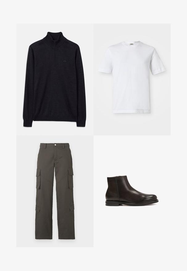 Schwarzer Pullover mit langen Ärmeln, geripptem Stehkragen und halbem Reißverschluss, mit dezentem Logo auf der linken Brust.; Weißes Baumwoll-T-Shirt mit kurzen Ärmeln, Rundhalsausschnitt und glatter Textur. Keine Muster oder Akzente sind sichtbar.; Dunkelgraue gerade Cargo-Hosen mit Knopfverschluss und vier Klappentaschen, zwei an den Oberschenkeln und zwei nahe den Waden.; Schwarze Leder-Ankle-Boots mit glatter Textur, runder Zehenform und niedrigem Absatz. Verfügt über einen seitlichen Reißverschluss für einfaches An- und Ausziehen.