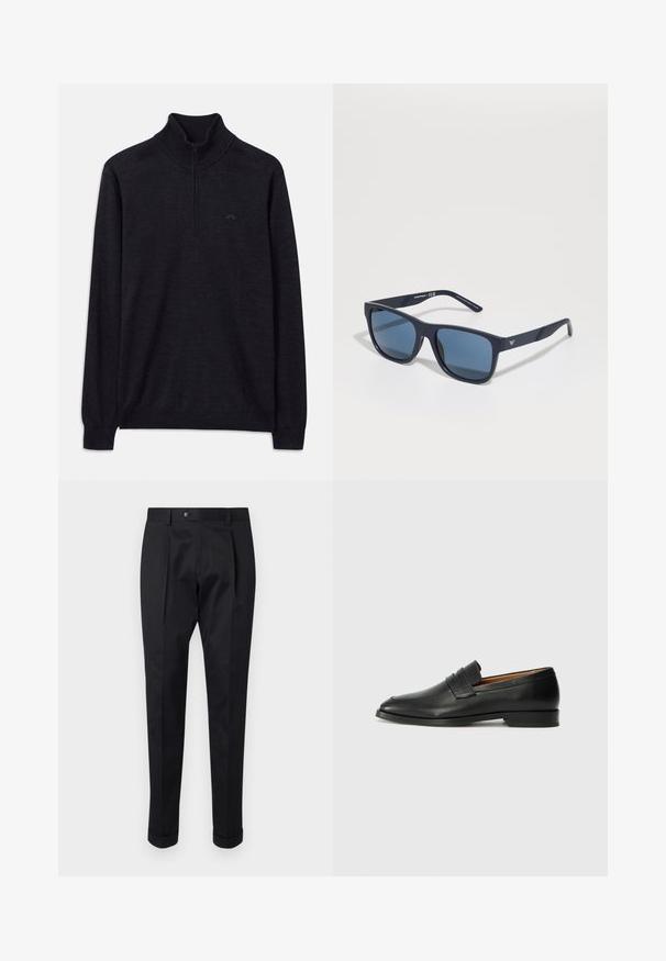 Melnas garo piedurkņu džemperis ar ribotu augstu apkakli un pusi rāvējslēdzēju, kuram ir diskrēta logo kreisajā krūtī.; Melni bikses, izgatavotas no gludas auduma, ar uzkāpes priekšpusē, pogu aizdari un velkot piegriezumu pie potītes.; Melnas ādas loafers ar noapaļotu purngala formu, smalku izšuvumu un zemu papēdi, piedāvājot gludu tekstūru un minimālistisku dizainu.; Zilie taisnstūra saulesbrilles ar tumšiem stikliem, matēta jūras zila ietvaros, logo detaļa uz tempļa, taisnas rokas un cieta, gluda virsma.