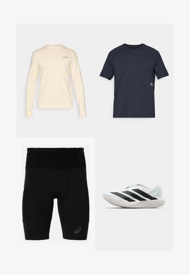 Sweatshirt color crema realizzato in tessuto morbido, con scollatura rotonda, maniche lunghe e un piccolo logo ricamato sul petto.; T-shirt corto blu scuro realizzato in tessuto leggero, con un colletto rotondo e piccoli dettagli a occhio sul retro, e logo sulla parte anteriore.; Pantaloni sportivi neri con un design aderente, realizzati in materiale liscio. Presentano una vita alta e un piccolo logo sulla parte bassa della gamba sinistra.; Scarpe da corsa leggere di colore azzurro pallido con strisce nere. Presentano una tomaia liscia, punta rotonda e un'ampia intersuola bianca etichettata "LIGHTSTRIKE PRO."