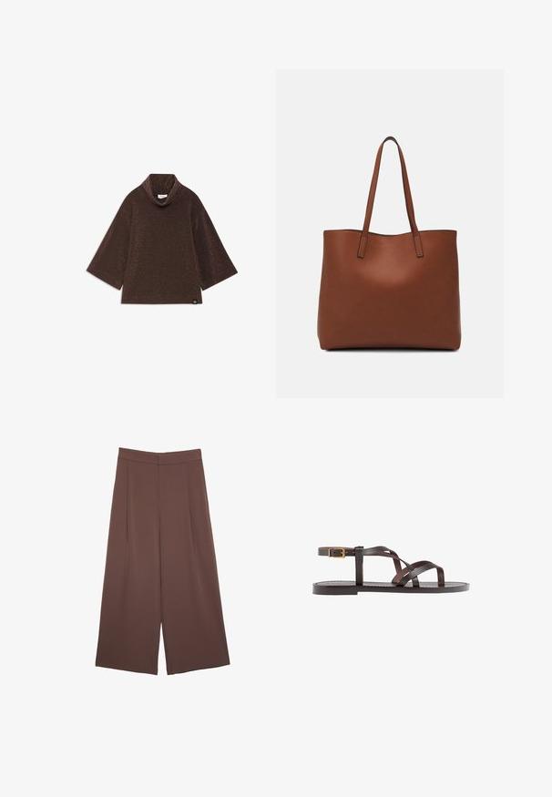 Bronzefarbenes, schimmerndes Strickoberteil mit Carmenausschnitt und weiten Dreiviertelärmeln. Etikett befindet sich in der unteren linken Ecke.; Braune Weite-Leg-Hosen mit einer glatten Textur, hoher Taille und Vorderfalten. Der Stoff ist leicht und fällt locker.; Braune Leder-Sandale mit überkreuzten Riemen, einem Knöchelriemen mit Schnalle und einer flachen Sohle mit minimalen Nähdetails.; Braune Leder-Tote mit glatter Textur, offenem Oberteil und zwei Schulterriemen. Verfügt über minimale Nähte und keine sichtbaren Beschläge.