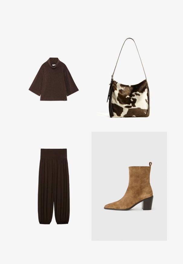 Top in maglia shimmer bronzo con collo a cascata e maniche ampie a tre quarti. Etichetta posizionata nell'angolo inferiore sinistro.; Pantaloni marroni a pieghe con una ampia cintura elastica. Il tessuto è leggero e texture, con orli arricciati ai polsini.; Stivale alla caviglia in suede marrone con punta minuta e tacco spesso nero, presentato su uno sfondo neutro.; Borsa a spalla in pelle bovina marrone e crema con tracolla in pelle liscia, chiusura con zip e superficie morbida e testurizzata con un motivo naturale.