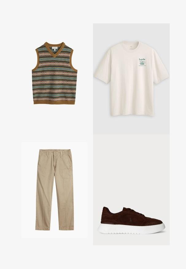 Pánský bezrukávový pletený svetr s multikolorovými horizontálními fair isle vzory a hnědým ribovaným lemem u výstřihu, otvorů na paže a spodního lemu.; Bílé bavlněné tričko s krátkými rukávy, na levé straně hrudi se zeleným logem a nápisem Lev's. Volný střih, hladká textura.; Beige rovné chino kalhoty s poutky na opasek, zapínáním na přední knoflík a zip, a šikmými předními kapsami.; Tmavě hnědé semišové tenisky s bílou tlustou podrážkou, šněrovacím zapínáním a decentním logem Polo na boku, pohled z vnější strany.