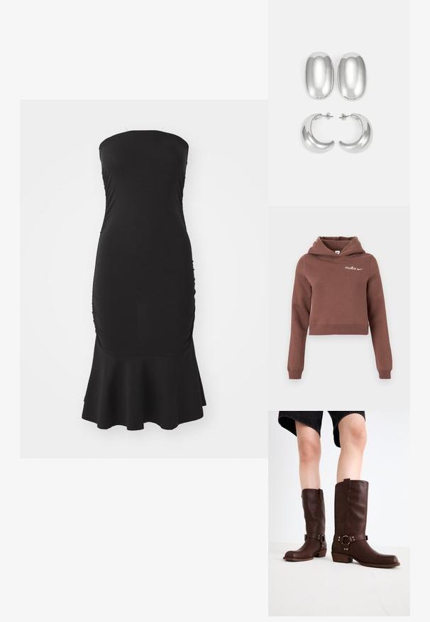 Barna rövidített kapucnis pulóver hosszú ujjal, fehér Nike logóval a bal felső mellkason, egyszínű világos háttér előtt.; Fekete, pánt nélküli ruha rugalmas anyagból, oldalt ráncolással és bővült szegéllyel. Sima textúra, testhez simuló fazon.; Barna bőr, térd feletti csizmák kerek orral, textúrázott felülettel, bokapánttal és ezüst hardware részletekkel; rétegezett sarokkal.; Ezüst színű fülbevaló szett: két ovális stud és két félhold alakú karika, fényes, sima felülettel és kerekdeden formával.