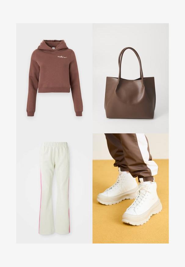 Hoodie curto castanho com mangas longas e logo branco da Nike no lado superior esquerdo do peito, exibido sobre um fundo claro e simples.; Calças bege claras com uma cintura elástica, apresentando painéis laterais cor-de-rosa e bolsos laterais. Textura suave com um design de perna reta.; Ténis brancos de cano alto com uma sola grossa e texturizada, apresentando um cabedal liso, bico redondo e atacadores tonalizados, sobre um fundo amarelo.; Bolsa tote de couro castanho com duas alças longas, forma estruturada, textura suave e design minimalista. Sem hardware ou acentos visíveis.