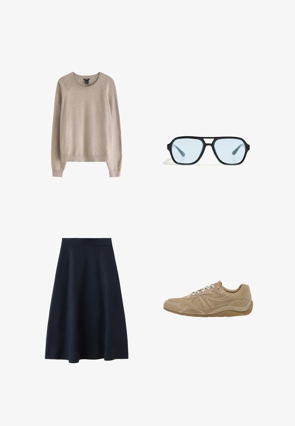 Beige sweater med ribbet rund halsudskæring, lange ærmer og en afslappet pasform, fremstillet af blødt tekstilmateriale.; En mørk navy midi-nederdel lavet af glat stof, med en tætsiddende talje og en svinget form, uden synlige mønstre eller udsmykninger.; Beige ruskinds sneaker med lav profil, tekstureret overflade og hvide snørebånd. Har et buet design og en gummisål for godt greb.; Sorte solbriller med rektangulære rammer, blåtonede linser og et karakteristisk brodesign. Slank finish, afdæmpet tekstur.; Tan lædertaske med dobbelte håndtag og en aftagelig skulderrem. Har en guld-tone lås og tekstureret overflade.