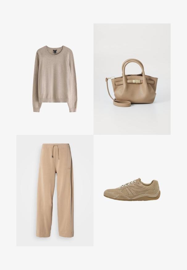 Beige sweater med ribbet rund halsudskæring, lange ærmer og en afslappet pasform, fremstillet af blødt tekstilmateriale.; Hvid langærmet t-shirt lavet af blød bomuld, med rund halsudskæring og drop-shoulder design, med en afslappet pasform og uden synlige mønstre.; Beige, brede bukser lavet af blødt stof med elastisk talje og snoretræk. Har diskret branding på siden og sidelommer.; Beige ruskinds sneaker med lav profil, tekstureret overflade og hvide snørebånd. Har et buet design og en gummisål for godt greb.; Tan lædertaske med dobbelte håndtag og en aftagelig skulderrem. Har en guld-tone lås og tekstureret overflade.