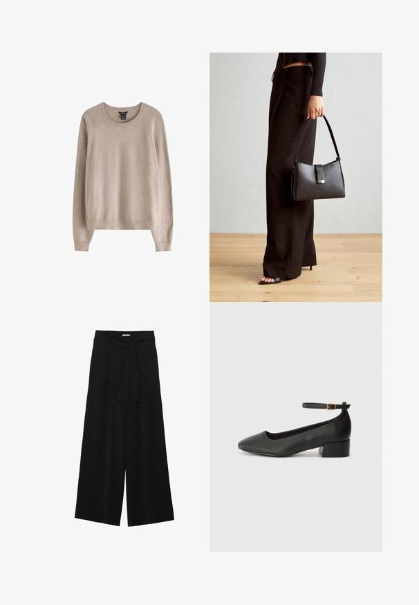 Pulover bej cu decolteu rotund ribatat, mâneci lungi și o croială relaxată, realizat dintr-un material cu textură moale.; Pantaloni largi negri dintr-un material texturat, cu un tiv elastic și o panglică detașabilă la talie pentru un fit ajustabil.; Pantof cu toc negru din piele, cu vârf ascuțit și toc mic pătrat. Dispune de o curea la gleznă cu o cataramă în tonuri de aur. Textură netedă.; Genți negre cu o formă structurată, textură netedă și un închizător metalic. Asortată cu pantaloni negri largi și sandale cu vârf deschis pe un podea din lemn.