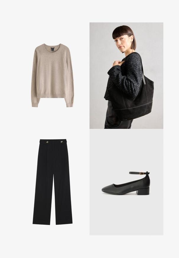 Beige sweater med ribbet rund halsudskæring, lange ærmer og en afslappet pasform, fremstillet af blødt tekstilmateriale.; Sorte vide bukser med høj talje, knapdetaljer på taljebåndet og frontfald.; Sorte læderpumper med spids tå og en lav blokhæl. Har en ankelrem med en guldfarvet spænde. Glat tekstur.; Sort ruskinds tote taske med en glat tekstur, struktureret form og kontrasterende syninger. Har lange stropper til skulderbæring.