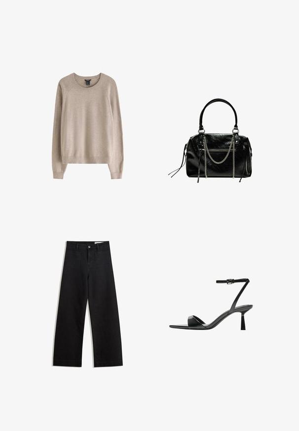 Pull beige avec un col rond côtelé, des manches longues et une coupe décontractée, fabriqué en tissu doux.; Pantalon en denim noir à jambes larges avec une taille haute, comprenant des poches avant et arrière, des coutures piquées et une fermeture à bouton. Texture lisse.; Bershka Sandales à talons hauts - black; Bershka WITH CHAIN - Sac à main - black