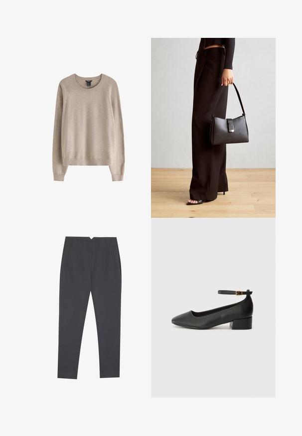 Beige sweater med ribbet rund halsudskæring, lange ærmer og en afslappet pasform, fremstillet af blødt tekstilmateriale.; Mørkegrå tapered bukser med sidelommer og frontfolder, designet til en skræddersyet pasform.; Sorte læderpumper med spids tå og en lav blokhæl. Har en ankelrem med en guldfarvet spænde. Glat tekstur.; Sort håndtaske med struktureret form, glat overflade og metalspænde. Sammen med brede sorte bukser og sandaler med åben tå på trægulv.